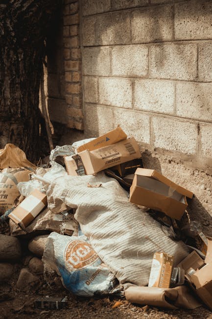 Piles of mixed waste, including flattened cardboard boxes, paper packaging, and plastic bags, are gathered on the ground against a rough, weathered brick wall and a concrete wall in an outdoor setting. Some cardboard boxes are partially open, revealing their contents, while others are crumpled or torn. The waste is scattered on uneven ground with soil and small rocks, near the base of a tree with rough bark visible on the left side. The overall scene depicts unmanaged rubbish that might be subject to private rubbish removal services, exemplifying common debris found in areas where independent collection or on-site clearance is needed. The lighting appears natural, indicating daylight, and the environment suggests a clean-up scenario often associated with waste disposal or rubbish clearance activities, such as those provided by Rubbish Clearance Putney.